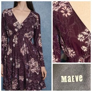 Anthropologie Maeve eggplant floral print dress, deep V, long sleeve, mini- S